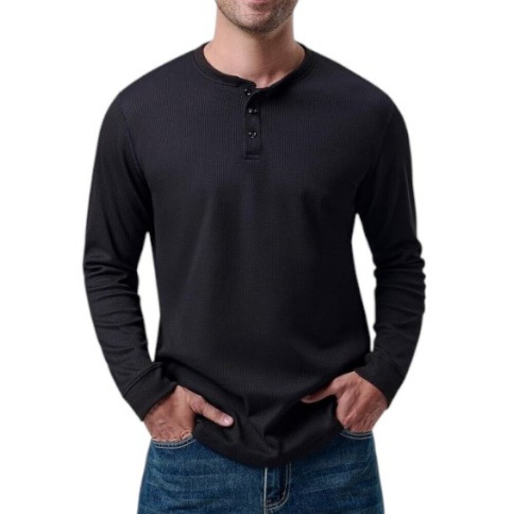 Tilley black Henley long sleeve waffle weave top size L